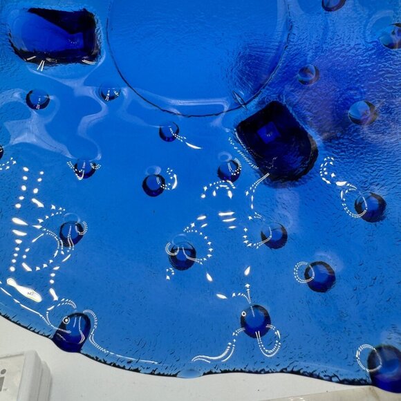 Unusual Vintage Collectible Cobalt Blue Blown Glass Hobnail Footed Serving Bowl - Picture 9 of 10